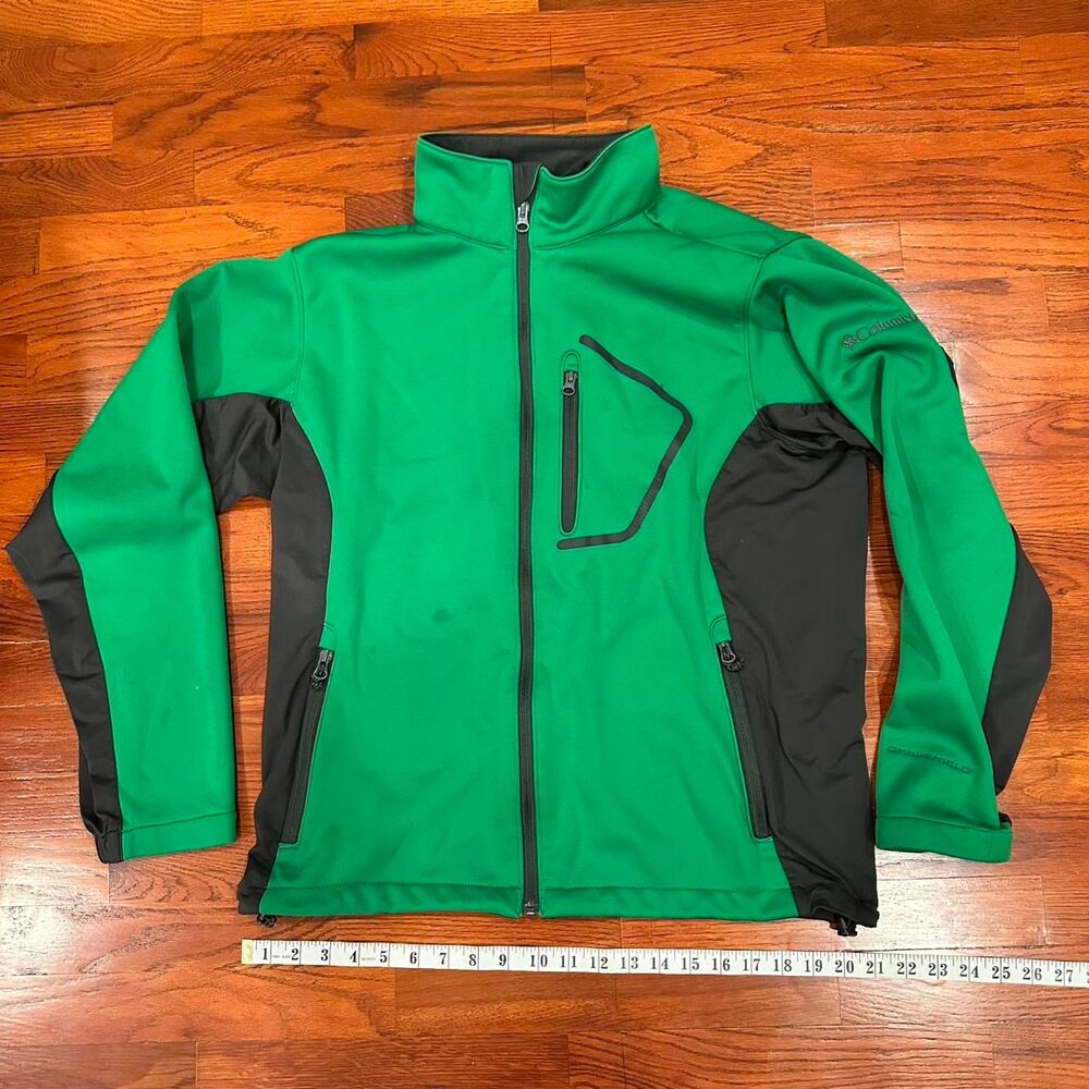 Green and Black Columbia Softshell Zip Up Jacket with Adjustable Waist